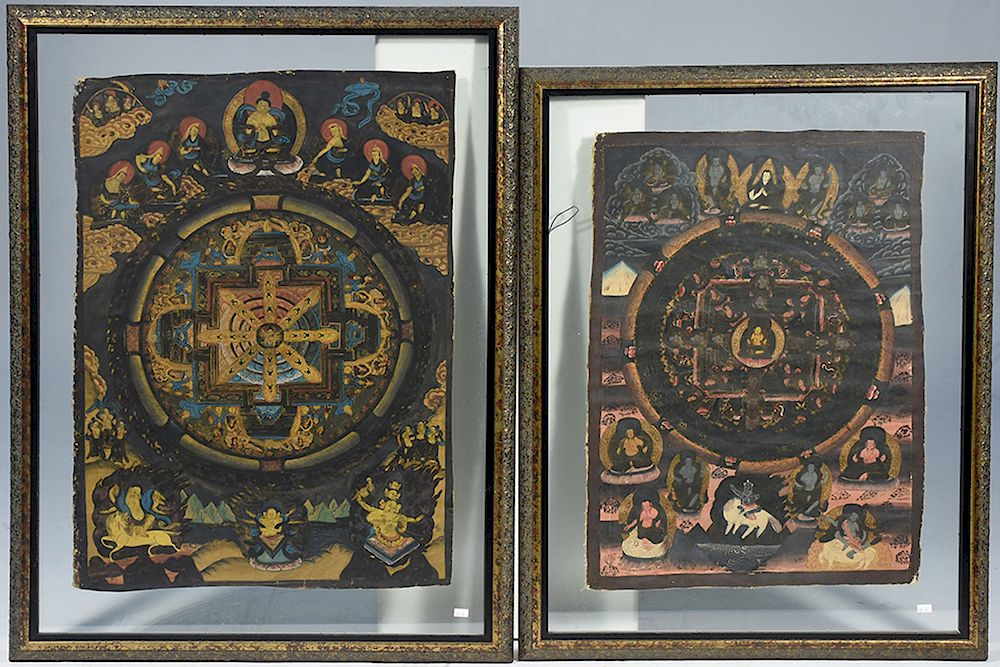 Appraisal: Two Indian thangkas Two Indian thangkas painted on silk showing