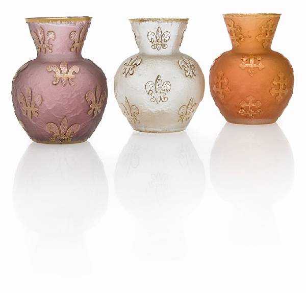 Appraisal: Three Daum Nancy gilt decorated cameo glass cabinet vases circa