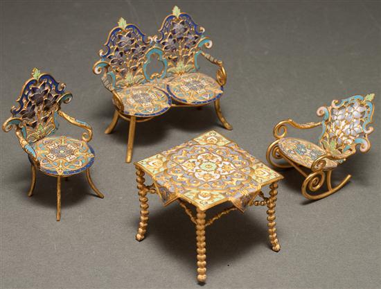 Appraisal: French gilt metal and enameled four-piece suite of miniature furniture