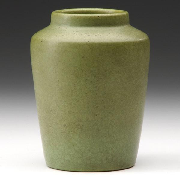 Appraisal: VAN BRIGGLE Early vase covered in matte green glaze Two