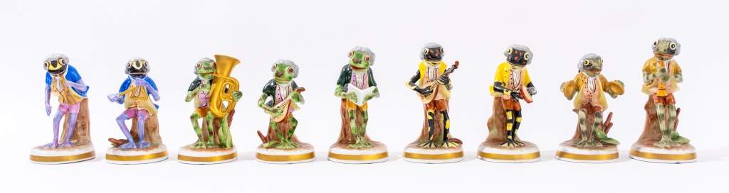 Appraisal: SCHIERHOLZ PLAUE FROG MUSICIANS PORCELAIN FIGURE Group of nine Von