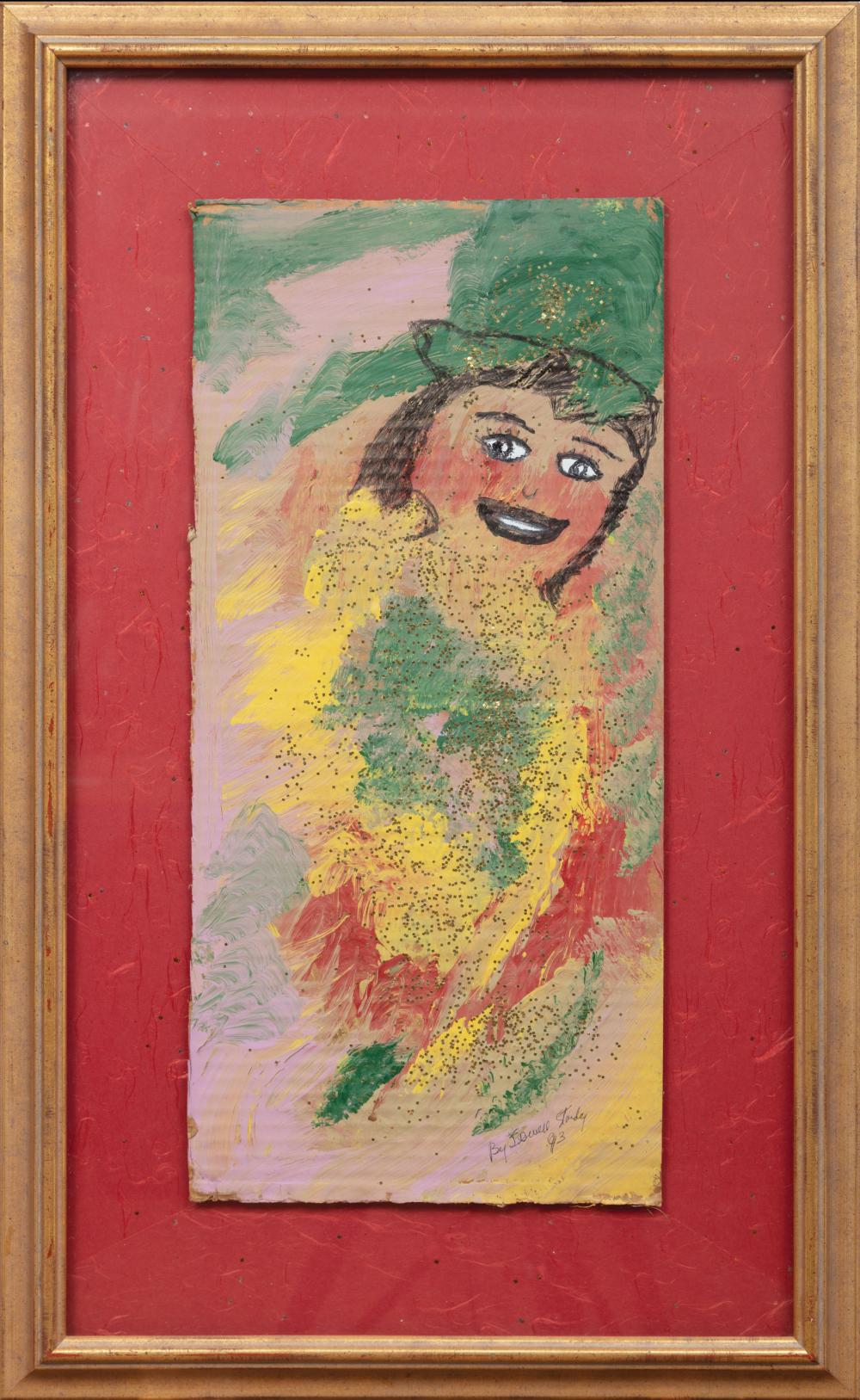 Appraisal: American School Folk Art Woman in a Green Hat and