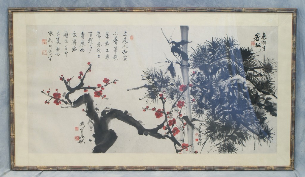 Appraisal: Framed Chinese Painted Scroll depicting plum and pine tree h