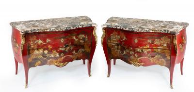 Appraisal: A pair of Louis XV style red lacquered serpentine commodes