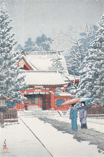 Appraisal: Antique Japanese woodblock print of a temple in the snow