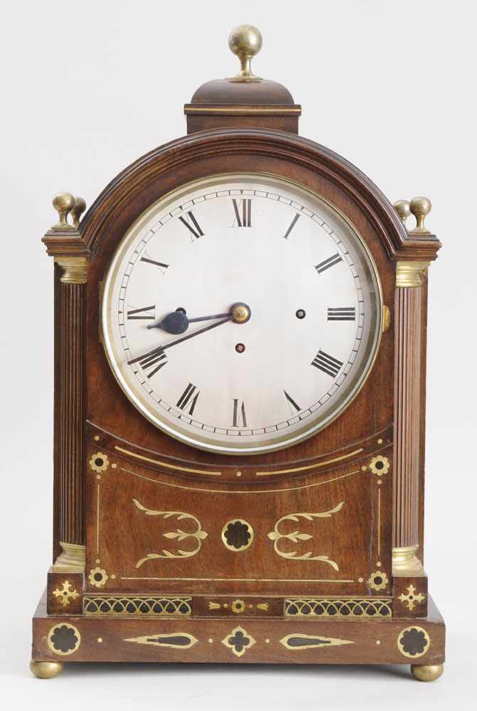 Appraisal: REGENCY STYLE BRASS-INLAID MAHOGANY BRACKET CLOCK The silvered steel dial