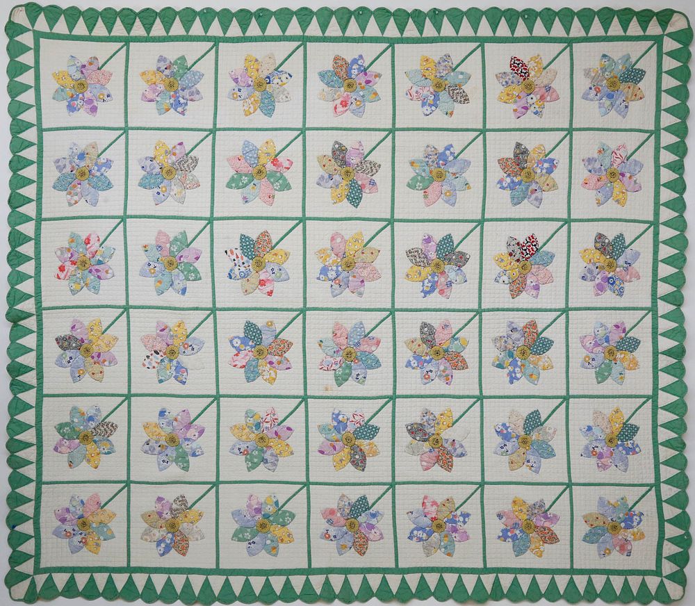 Appraisal: Daisy Applique Quilt with Floss Details circa s Multi-color Daisy