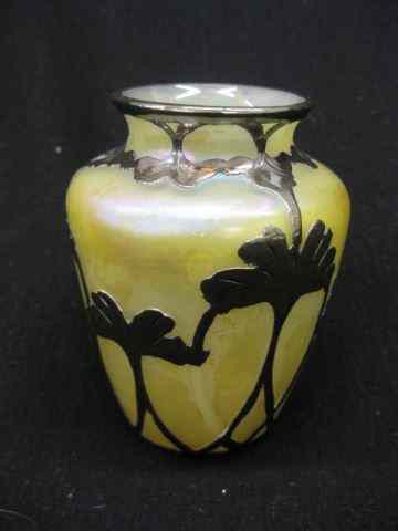 Appraisal: Loetz Silver Overlay Vase floral decoration on amber iridescent ''