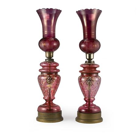 Appraisal: Pair of Bohemian Style Gilt and Enameled Ruby Flashed Glass