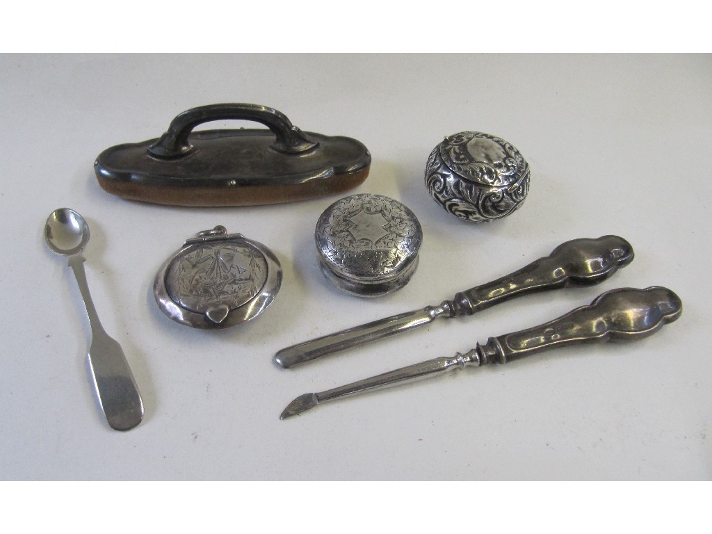 Appraisal: Lot comprising silver pill boxes part manicure set assorted marks