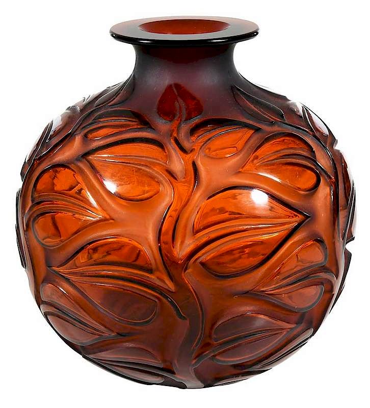 Appraisal: R Lalique Sophora Amber Glass Vase engraved R Lalique France