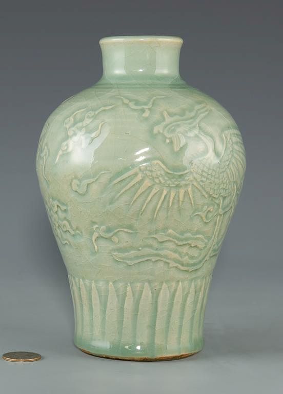 Appraisal: Longquan Celadon Carved Vase Chinese Ming Style Longquan celadon carved