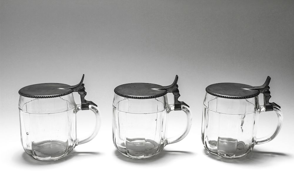 Appraisal: German Glass Half-Liter Mugs w Pewter Lids Pcs Group of