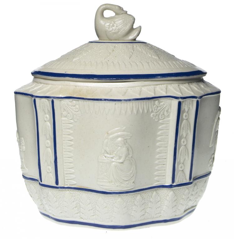 Appraisal: A FELSPATHIC STONEWARE SUGAR BOX AND COVER with swan finial