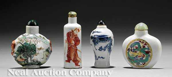 Appraisal: Two Chinese Snuff Bottles the first polychrome decorated stoneware flattened