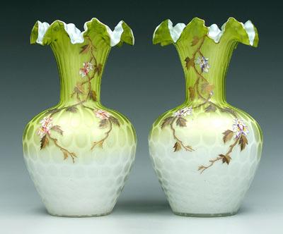 Appraisal: Two Harrach mother-of-pearl vases raindrop pattern ruffled rims yellow green