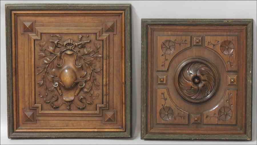 Appraisal: TWO FRAMED CARVED WOOD PANELS Frames '' x '' ''