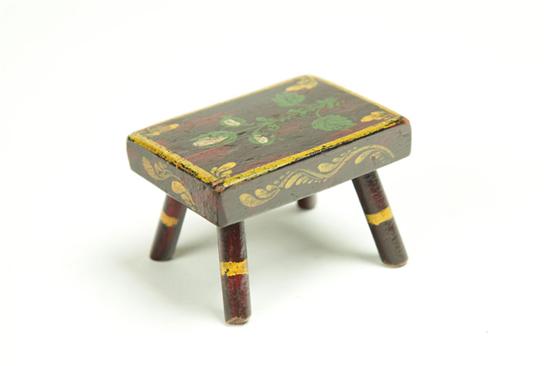 Appraisal: MINIATURE DECORATED FOOTSTOOL American - mixed woods Turned legs and