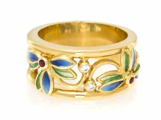 Appraisal: An Karat Yellow Gold Diamond and Plique a Jour Enamel