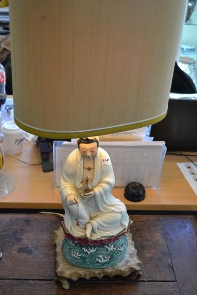 Appraisal: FIGURAL LAMP JUAN YIN AND LOTUS LEAF THEME