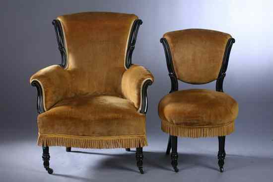 Appraisal: TWO NAPOLEON III EBONIZED CHAIRS th century later green velvet