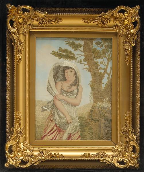 Appraisal: A pair of French chenille embroidery and painted silk pictures