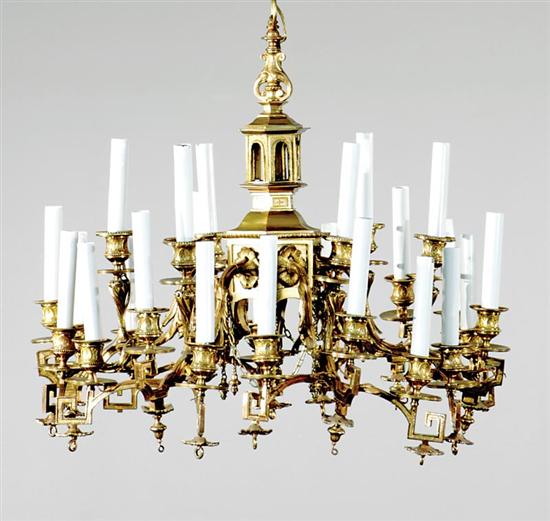 Appraisal: Brass twenty-four light chandelier circa stepped cupola-form central column issuing