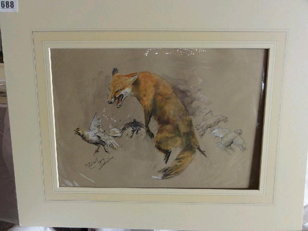 Appraisal: A watercolour and bodycolour study of a fox pursuing white