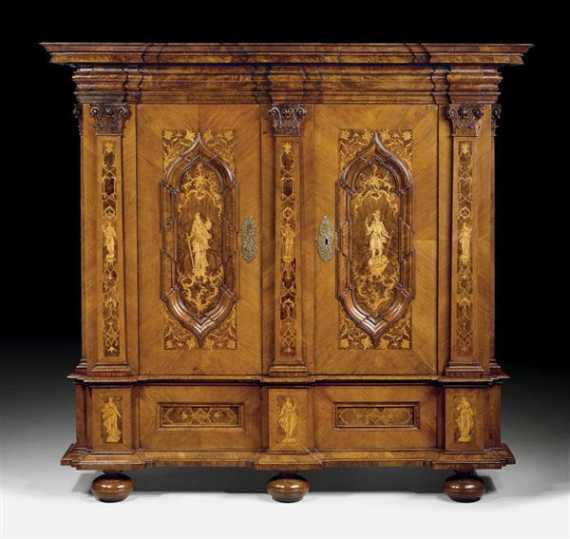 Appraisal: HALL CUPBOARD Baroque probably Erfurt circa Walnut burlwood cherry and