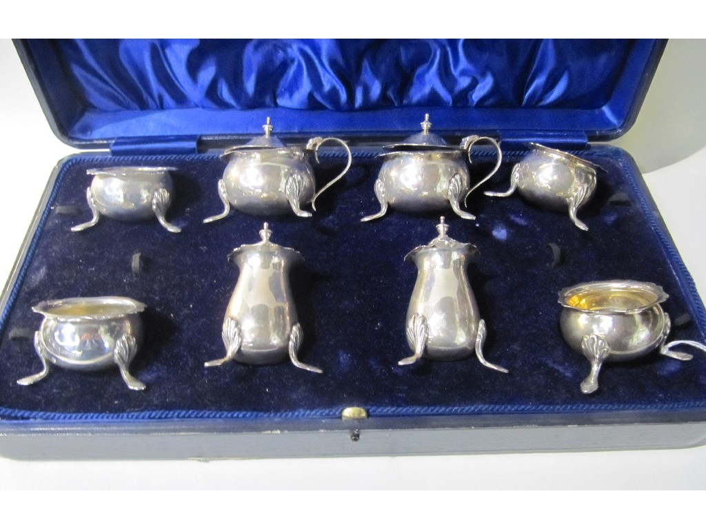 Appraisal: Cased eight piece silver condiment set Birmingham