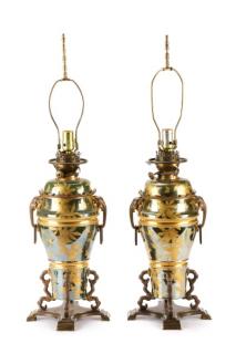 Appraisal: Pair French Green Metallic Gilt Moderator Lamps French mid th