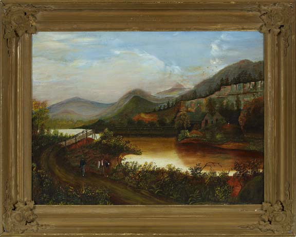 Appraisal: American School th Century Primitive Mountainous Landscape with Figures Walking