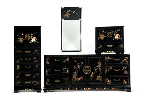 Appraisal: BEDROOM SUITE Asian modern Black lacquered surface with hand painted