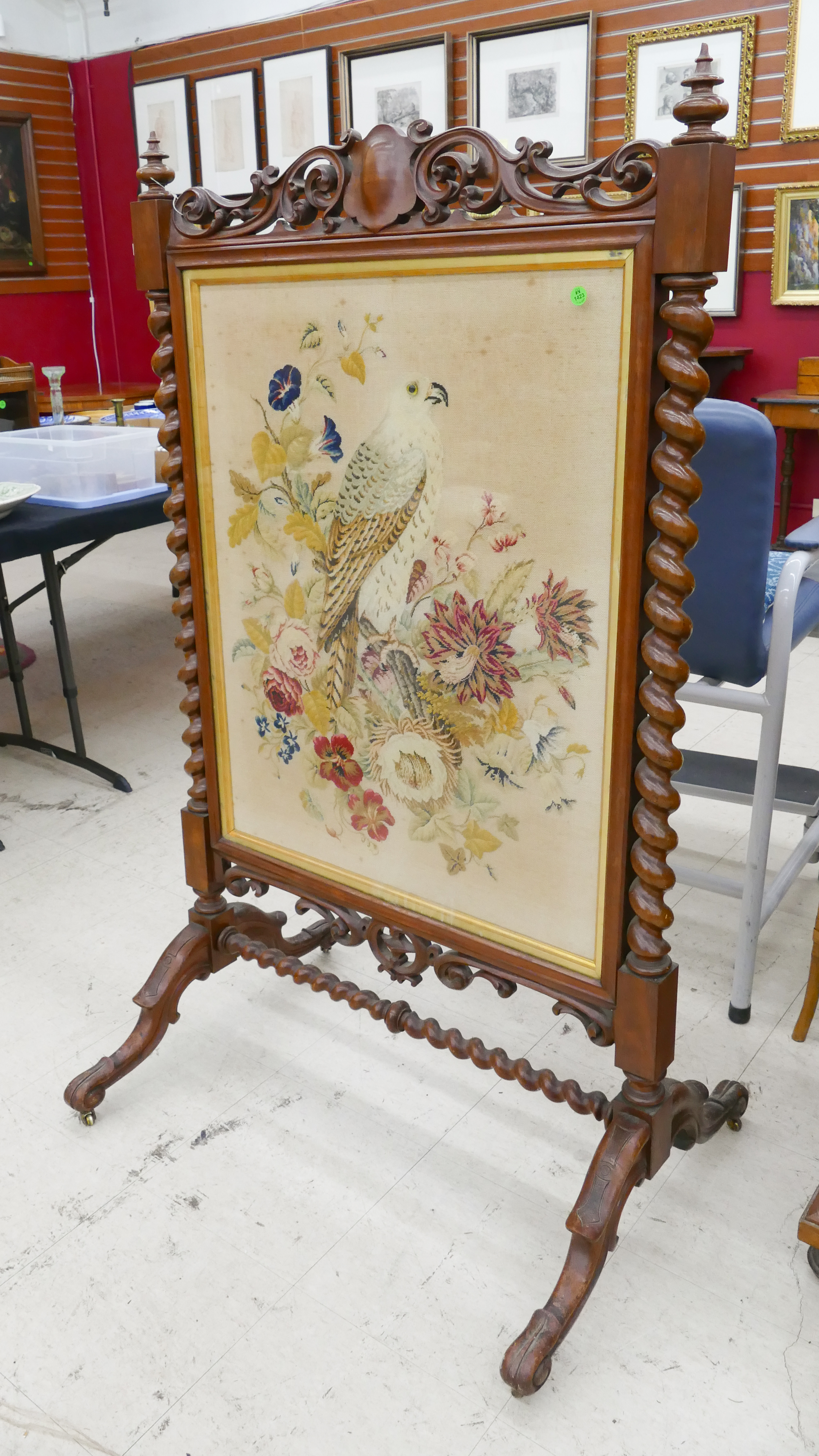 Appraisal: Ornate Victorian Needlework Carved Fire Screen- x x ''