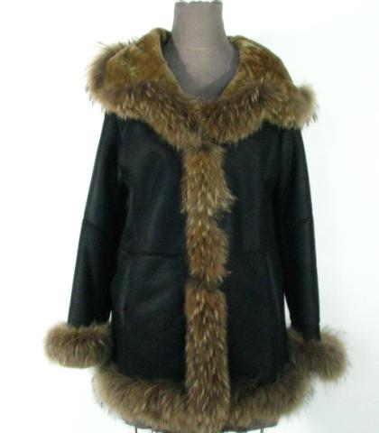 Appraisal: Black Shearling Jacket w Hood Finn Raccoon Trim Size Length