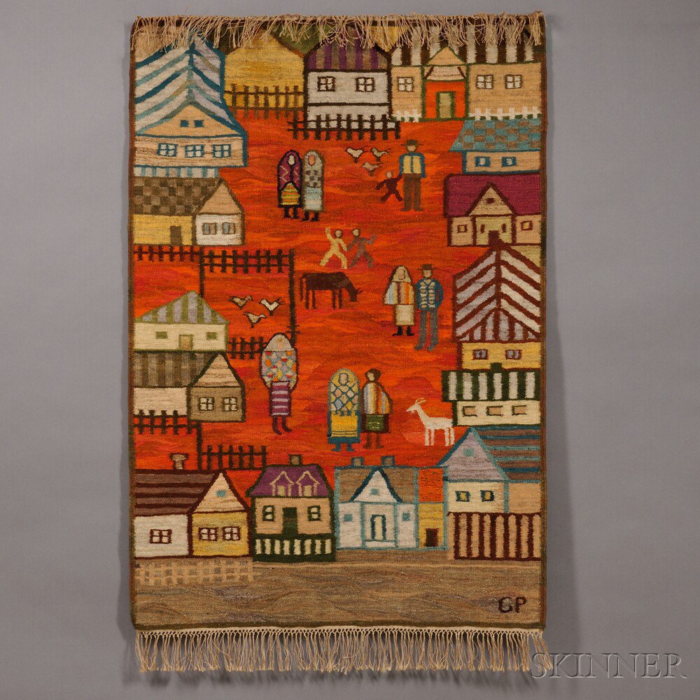 Appraisal: Poitr Grabowski Tapestry Wool Depicting houses figures and animals artist's