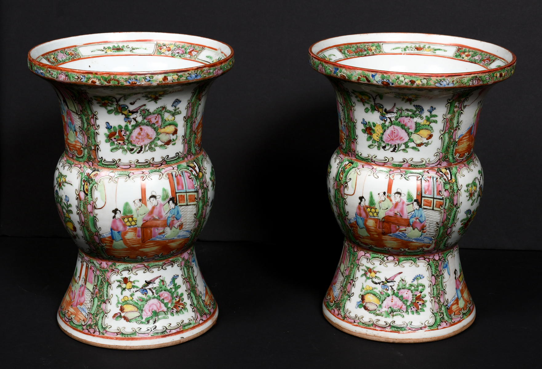 Appraisal: PAIR CHINESE FAMILLE ROSE PORCELAIN GU FORM VASES Pair of