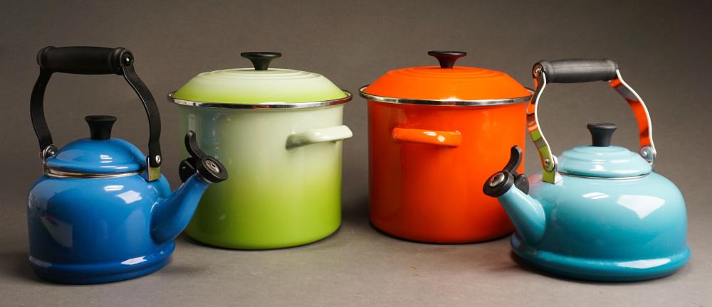 Appraisal: Pair Le Creuset Enamel Teapots Pair Lidded Pots and a