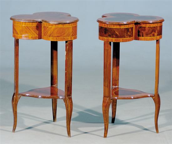 Appraisal: Pair Continental inlaid mixed wood side tables cloverleaf form with