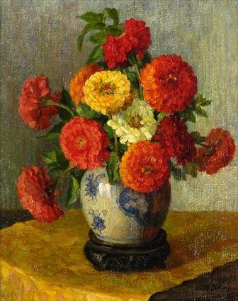 Appraisal: ALICE B CHITTENDEN - ZINNIAS IN AN ORIENTAL VASE Oil