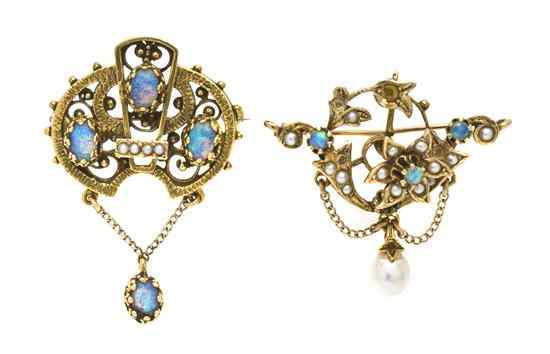 Appraisal: A Pair of Gold Opal and Pearl Brooches one brooch