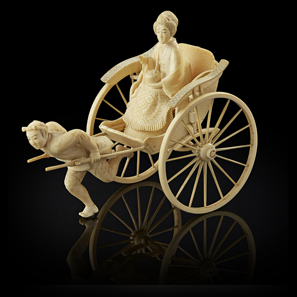 Appraisal: YCARVED IVORY 'RICKSHAW' GROUP MEIJI PERIOD depicting a wealthy lady