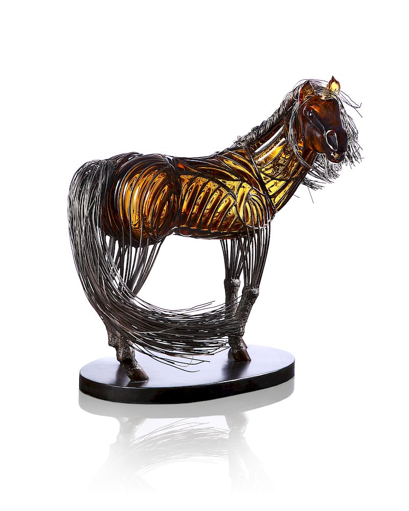 Appraisal: David Bennett Amber Mare Signed Unknown Year Blown glass into