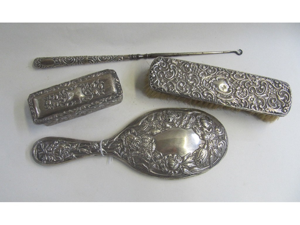 Appraisal: Silver brush and mirror buttonhook and pin dish assorted marks