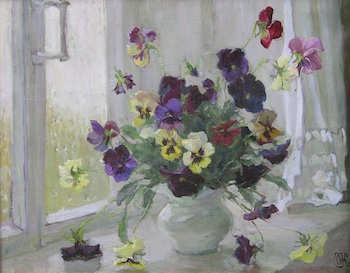 Appraisal: Olga Kalashnikova Russian b Pansies at a Window Oil on