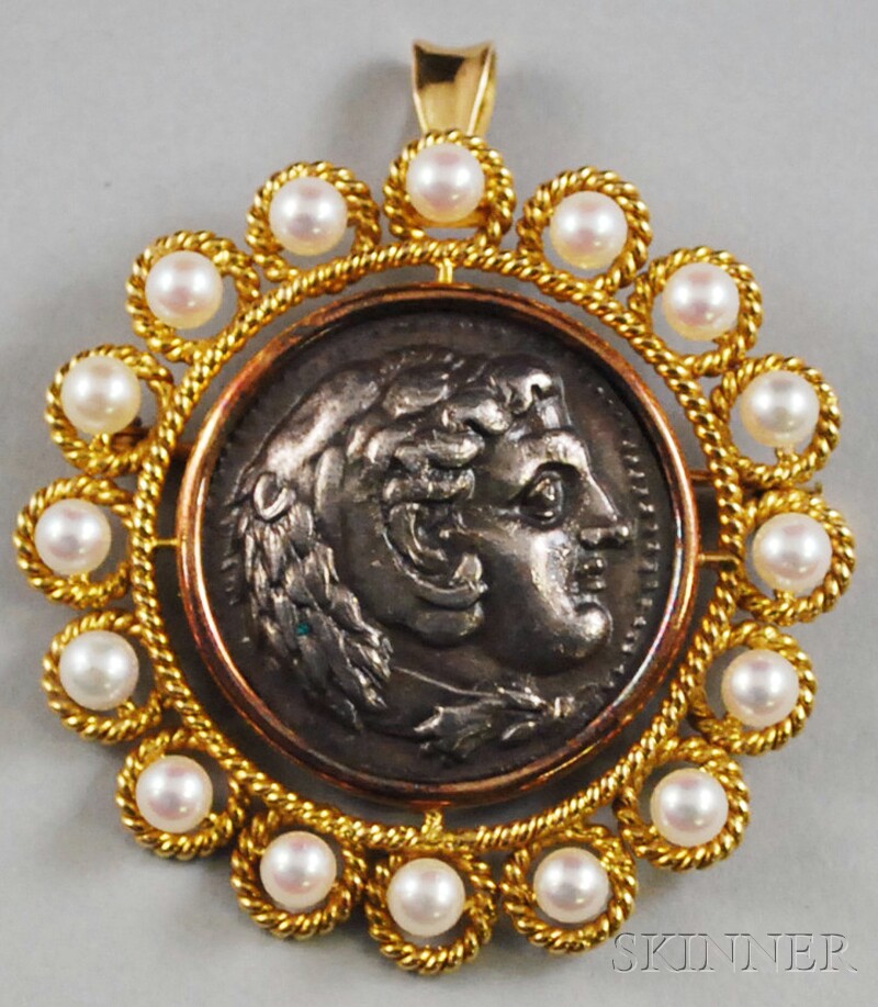 Appraisal: kt Gold and Pearl-framed Coin Pendant Brooch total dwt wd