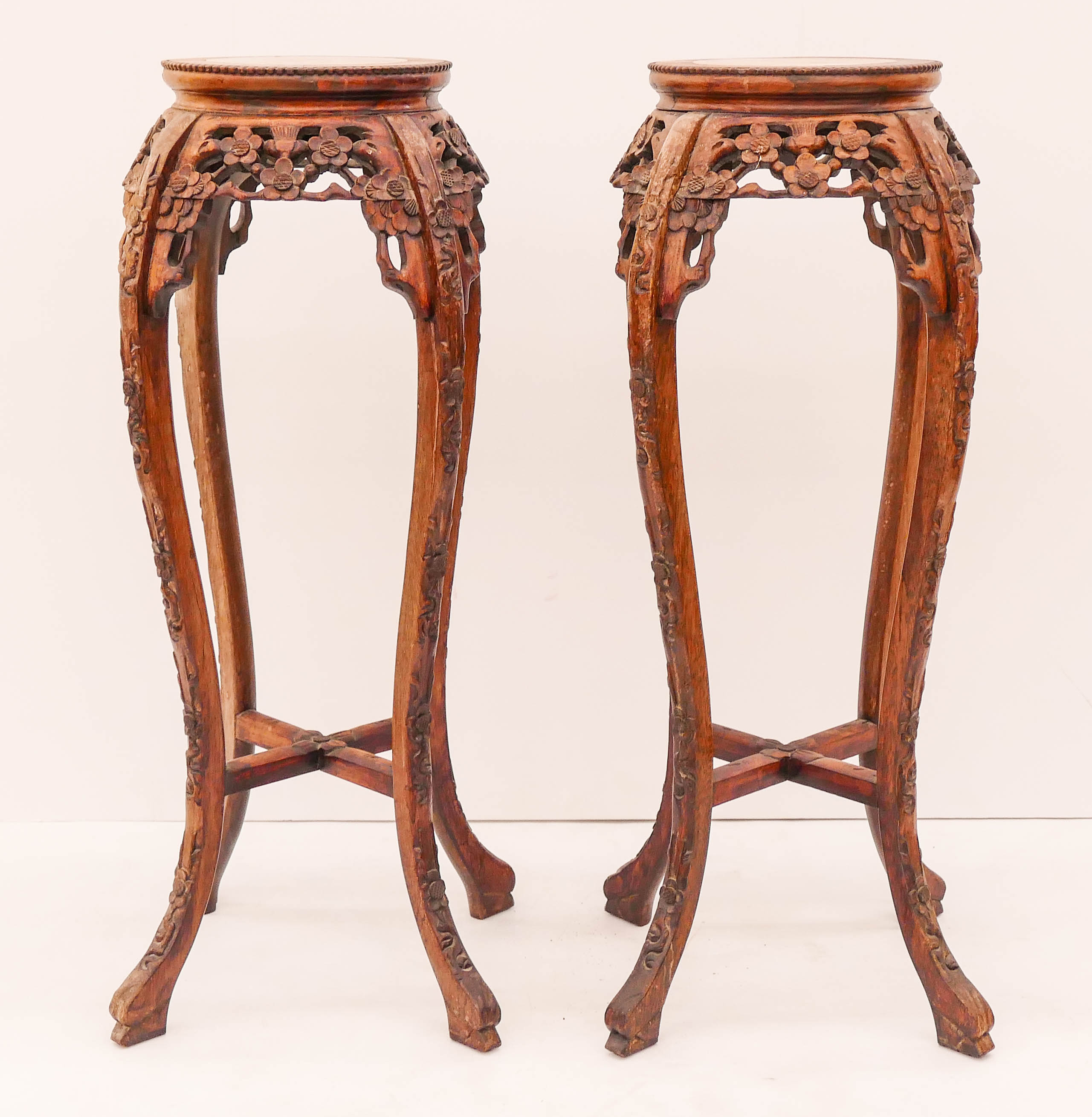 Appraisal: Pair Chinese Qing Rosewood Prunus Tall Plant Stands ''x ''