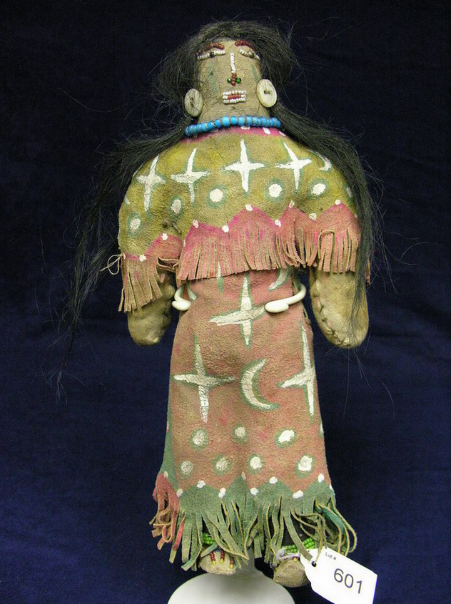 Appraisal: NATIVE AMERICAN FEMALE GHOST DANCER DOLL Leather head with animal