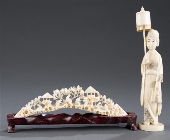 Appraisal: Chinese ivory carved tusk and ivory Geisha with umbrella th