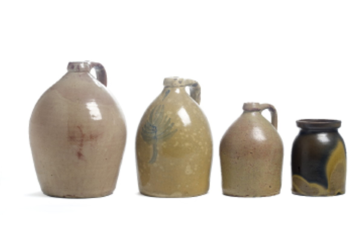 Appraisal: THREE NEW YORK GLAZED STONEWARE AND REDWARE JUGS AND A